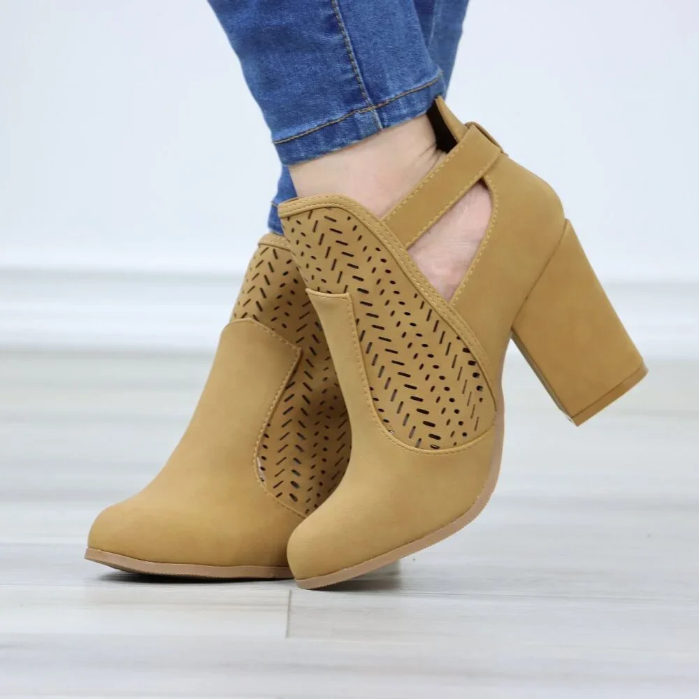 Tan Faux Nubuck Round Toe Block Heeled Ankle Boots Lacer Cut Design - Picture 7 of 12